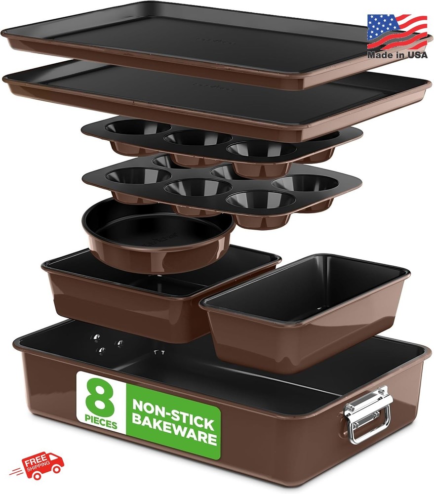 NutriChef 8-Piece Nonstick Stackable Bakeware Set Brown Carbon Steel 450F