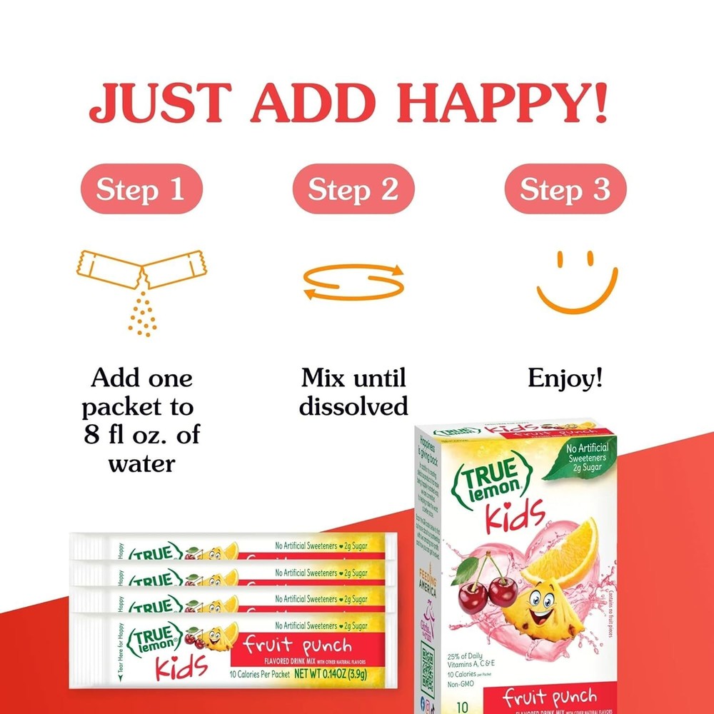 TRUE LEMON Fruit Punch Packets - Low Sugar, No Preservatives Kids Hydration Mix