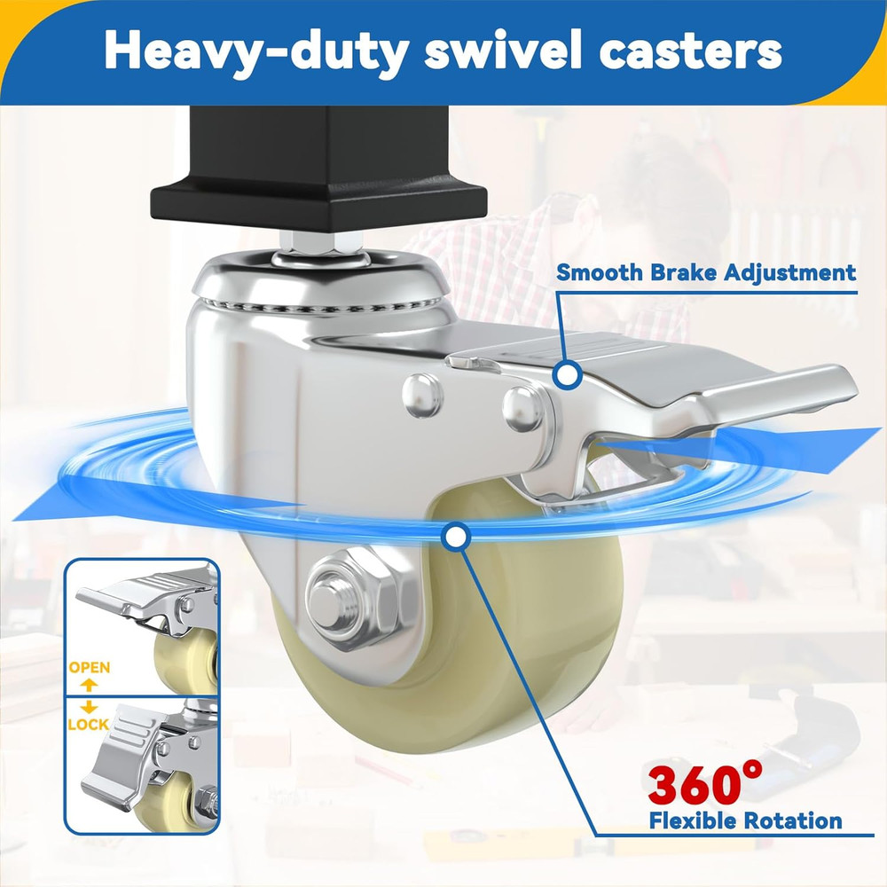 60" Adjustable Workbench with Wheels and Drawer, Solid Wood Rolling Work Bench T