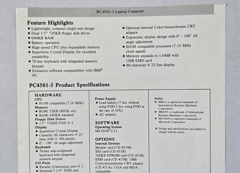 Sharp - PC-4501-3 Laptop Computer - Product Specifications Handout (1 Sheet)