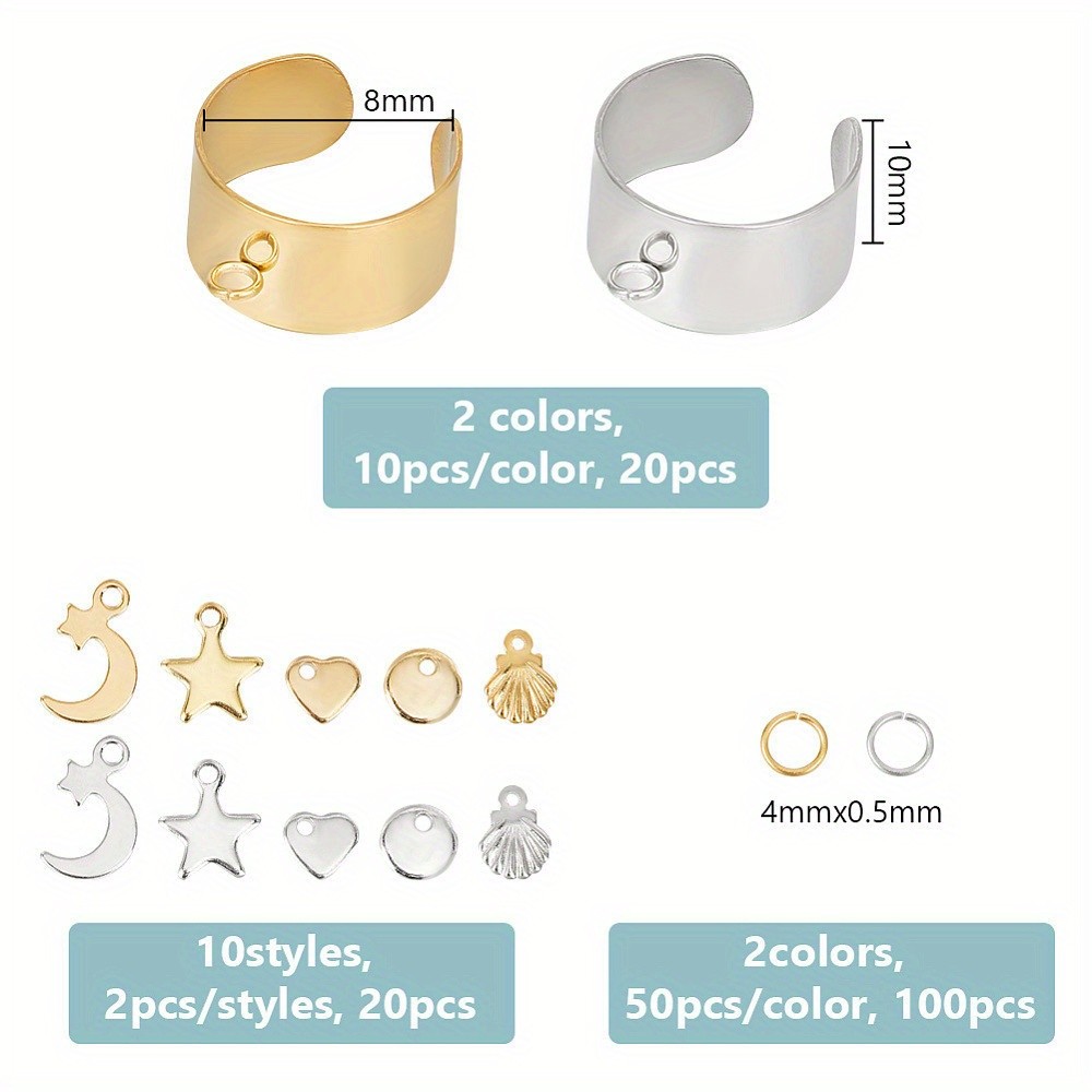 1box 140pcs Moon & Star & Shell & Heart Charms Cuff Ring Making Kits Including