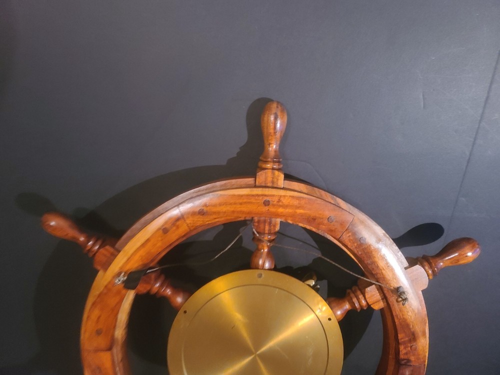 Wood Ships Wheel With Solid Brass Porthole Ships Time Quartz Clock, 24" Diameter