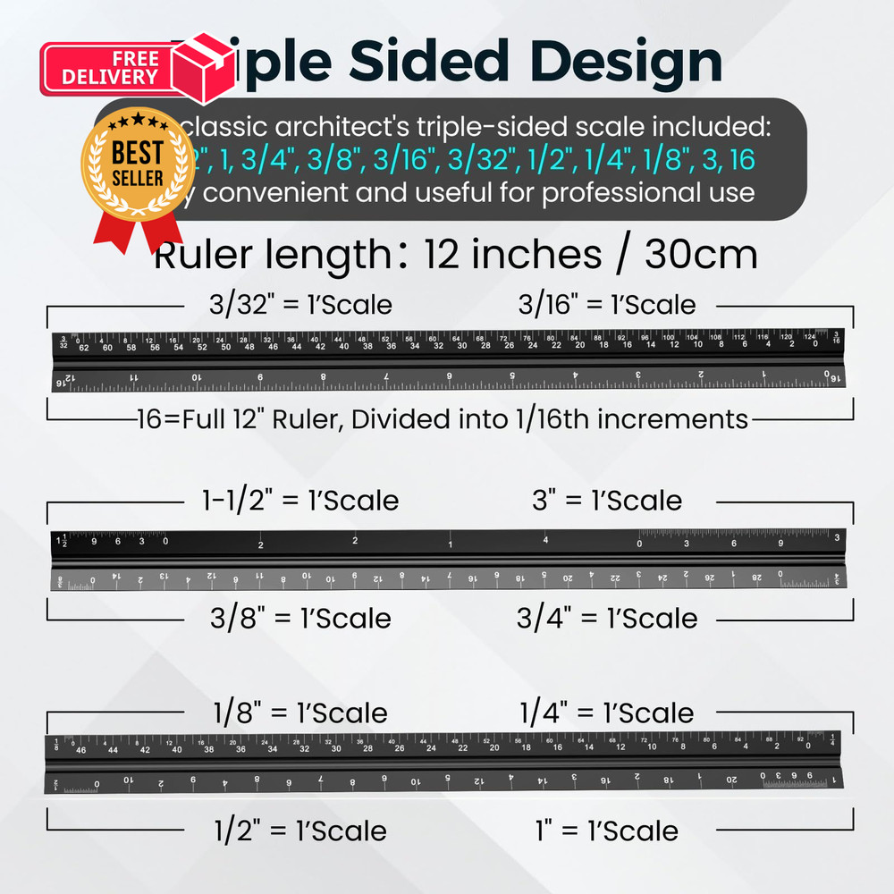 Rena Chris 2Pcs Architectural Scale Ruler, Triangular & Straight Black