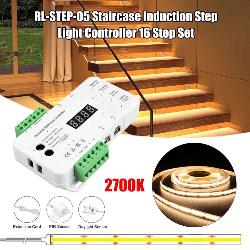 16 Steps-LED Strip Light Stair Lighting Controller Motion Sensor System Full Set