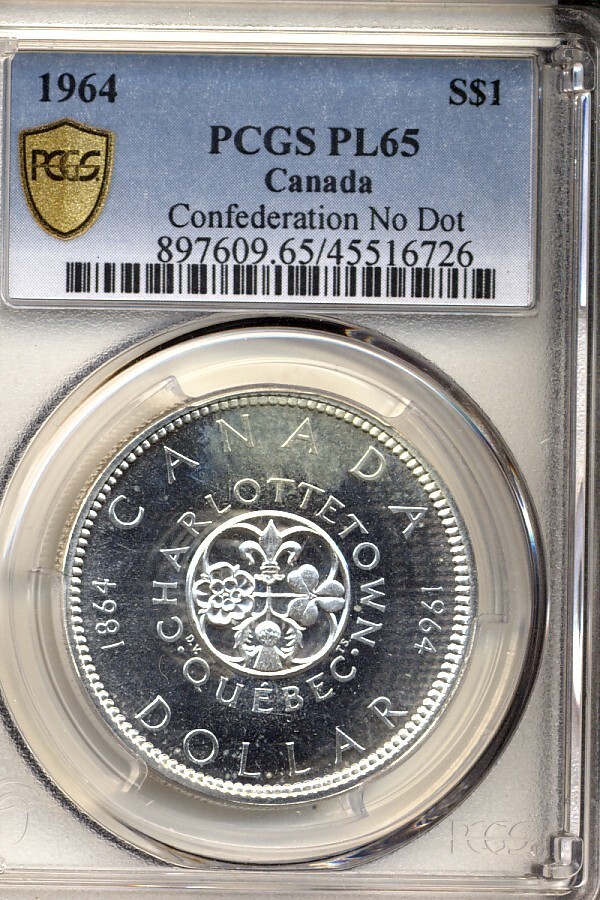 1964 PCGS PL65 CANADA CONFEDERATION NO DOT SILVER DOLLAR