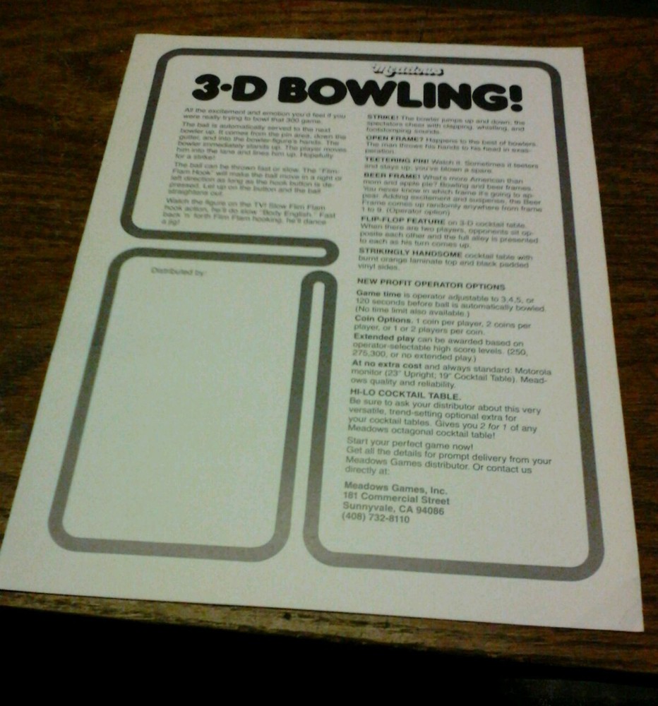 Meadows 3-D BOWLING Arcade Video Game flyer- original