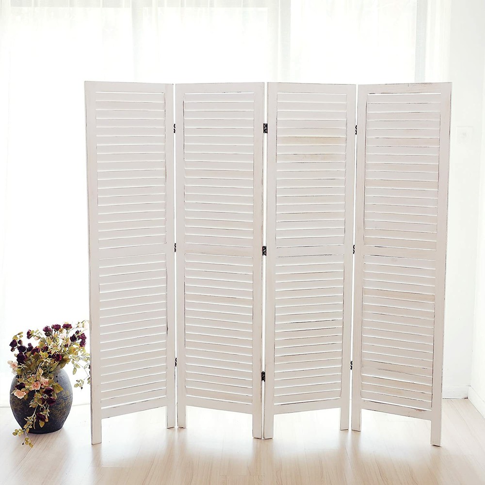 MyGift Whitewashed Wood 4 Panel Screen, Folding Louvered Room Divider