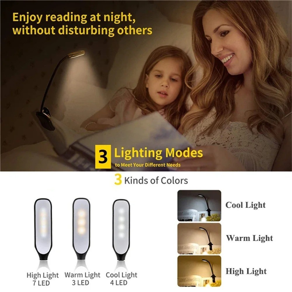 Flexible Rechargeable LED Book Light With 3 Light Modes Easy Clip Reading Lamp