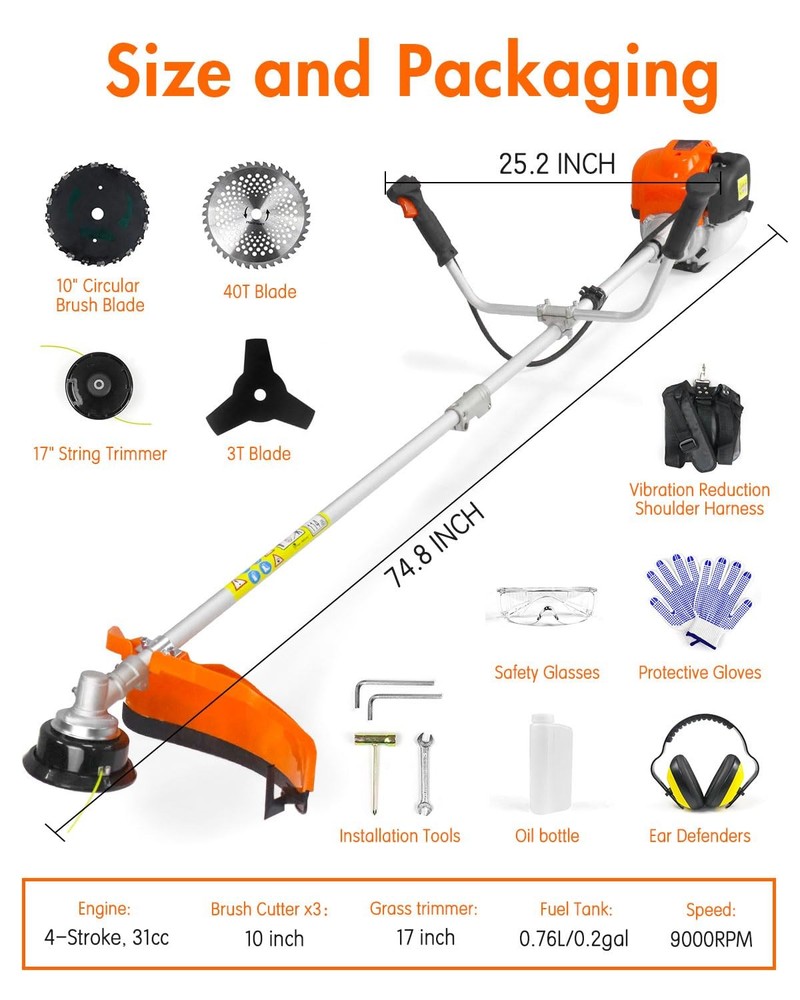 NEOTEC 31cc 17" Gas Weed Eater/Wacker 4-Cycle 4 in 1 String Trimmer/Edger