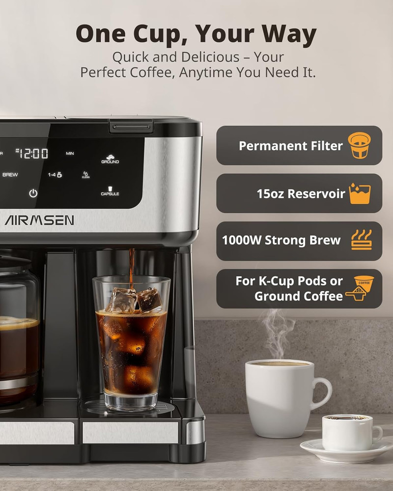 12-Cup Programmable Dual Coffee Maker – Single Serve Machine for K-Cup Pods & Gr