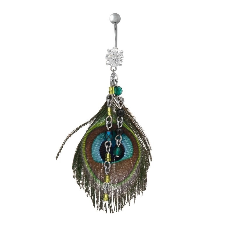 Enchanted Peacock Feather and Gem Dangle Navel Ring