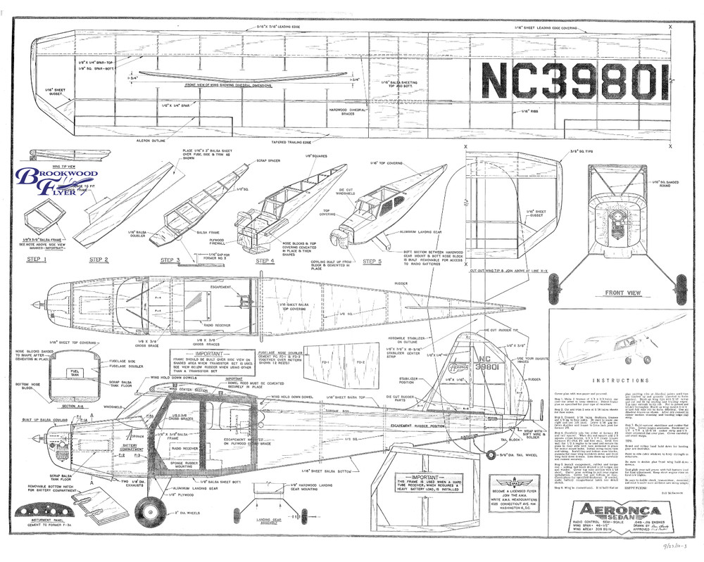 AERONCA SEDAN PLAN & PATTERNS + CONSTRUCTION ARTICLE for 47" RC Model Airplane