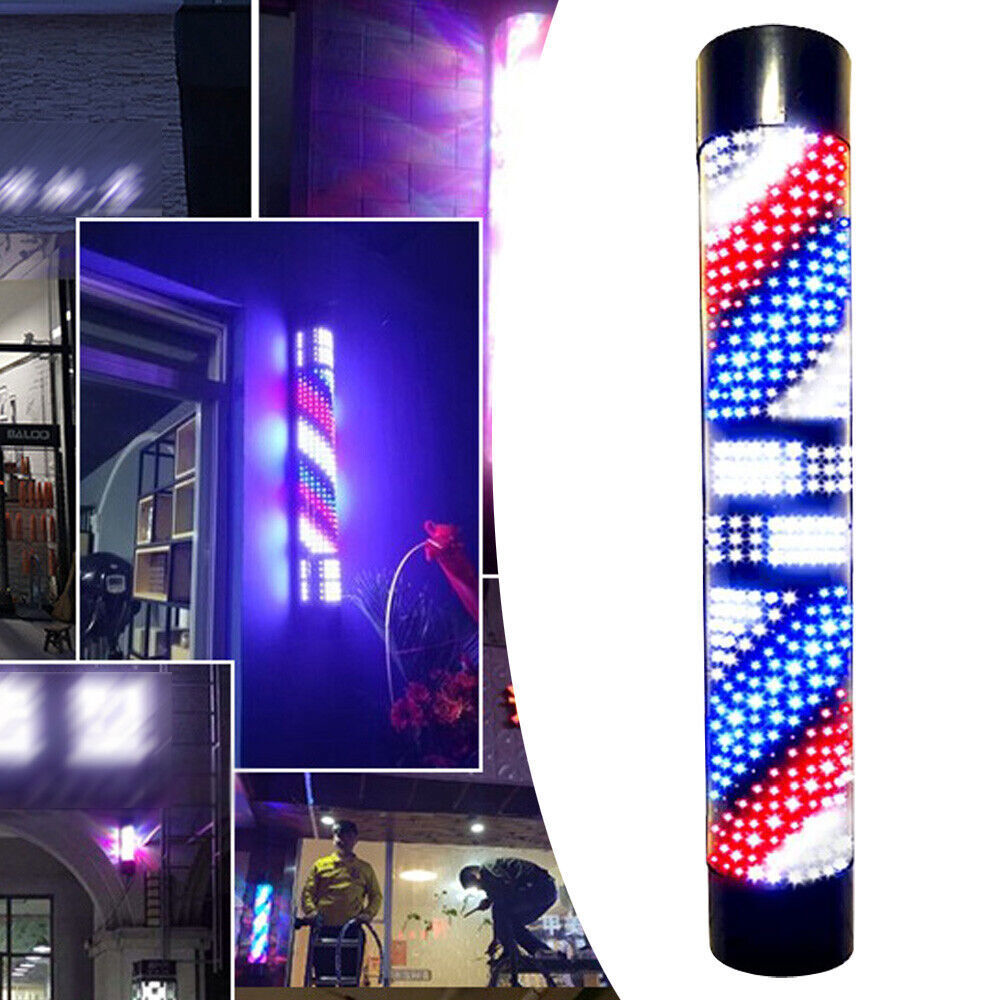 Barber Pole Red White Blue Stripes w/ LED Light Traditional Barber Pole Outside