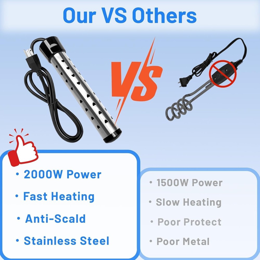 Calentador de agua de inmersión eléctrico de 2000 W, calentador de agua portátil