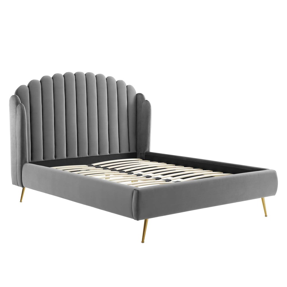 Modway Lana Performance Velvet Queen Wingback Platform Bed in Gray
