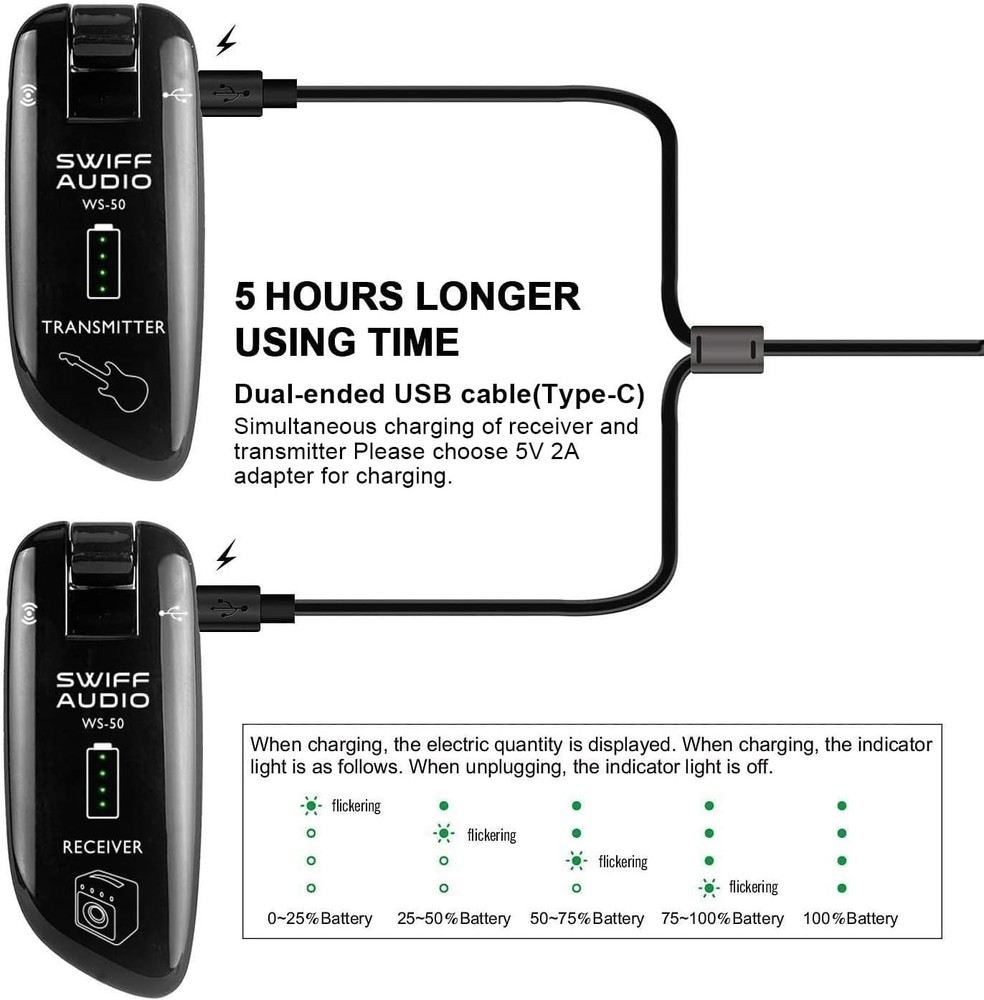 Rechargeable Wireless Guitar System 164ft Long Range UHF Transmitter Receiver
