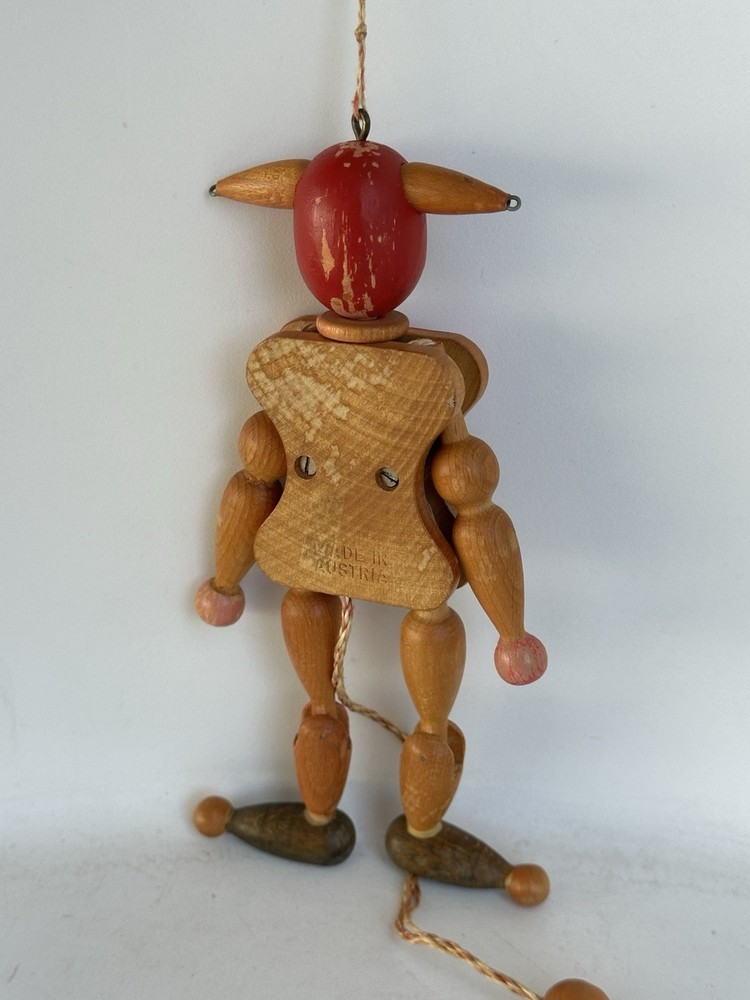 Vintage M. Gschnitzer Austrian Wooden Pull String Jointed Jester Clown Puppet