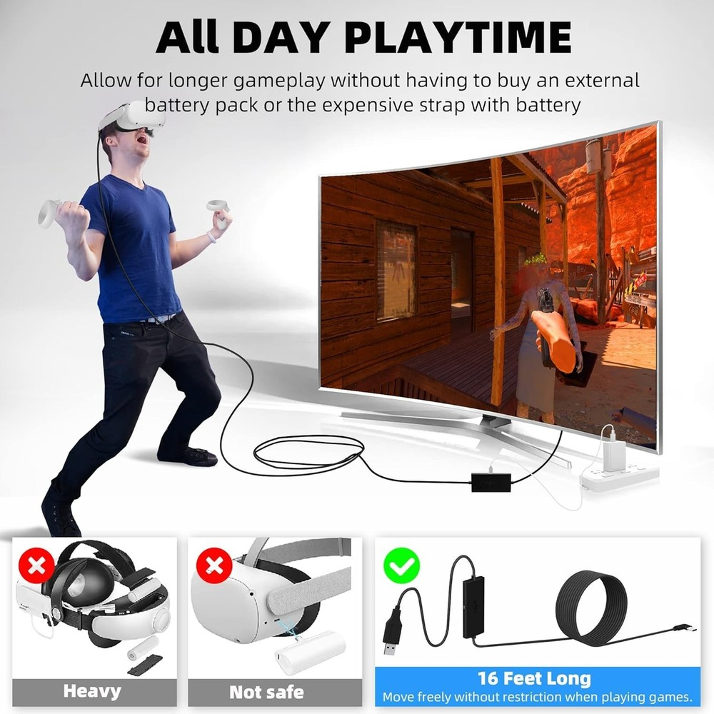 16FT VR Link Cable for Quest 3S/3, 2 & Pro - Enhanced Game Play