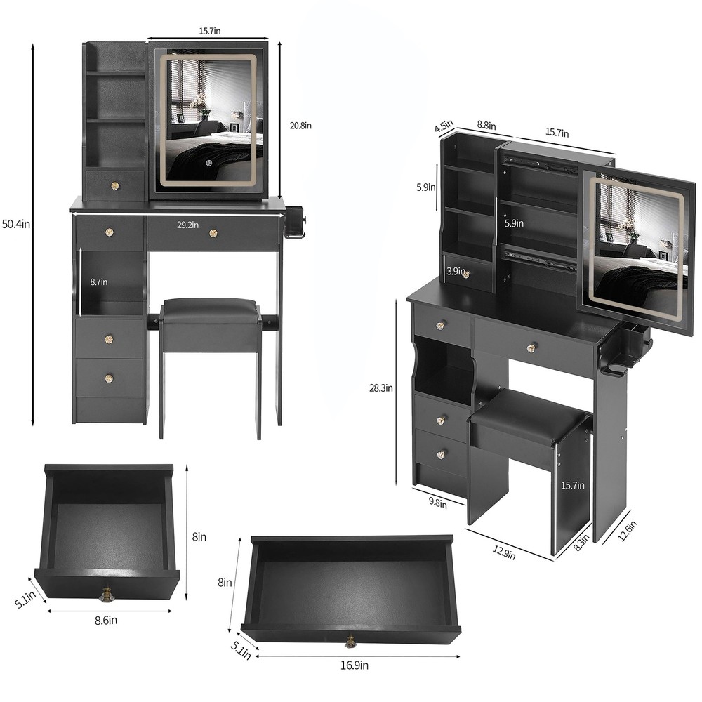 29.2" Small Size Left Drawer Desktop Vanity Table + Cushioned Stool, 2 AC+2 USB