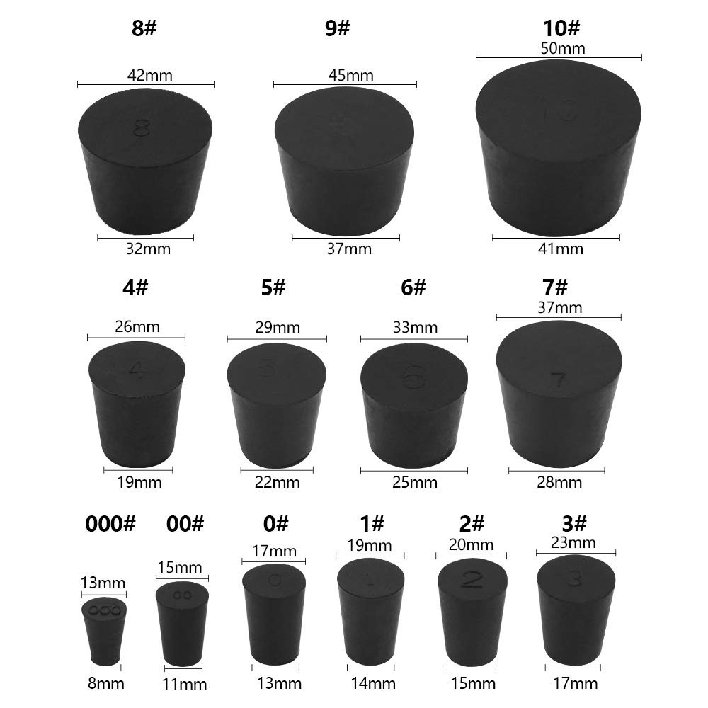 34 Pack Solid Rubber Stoppers, 13 Assorted Sizes, 000# - 10# Black Tapered La...