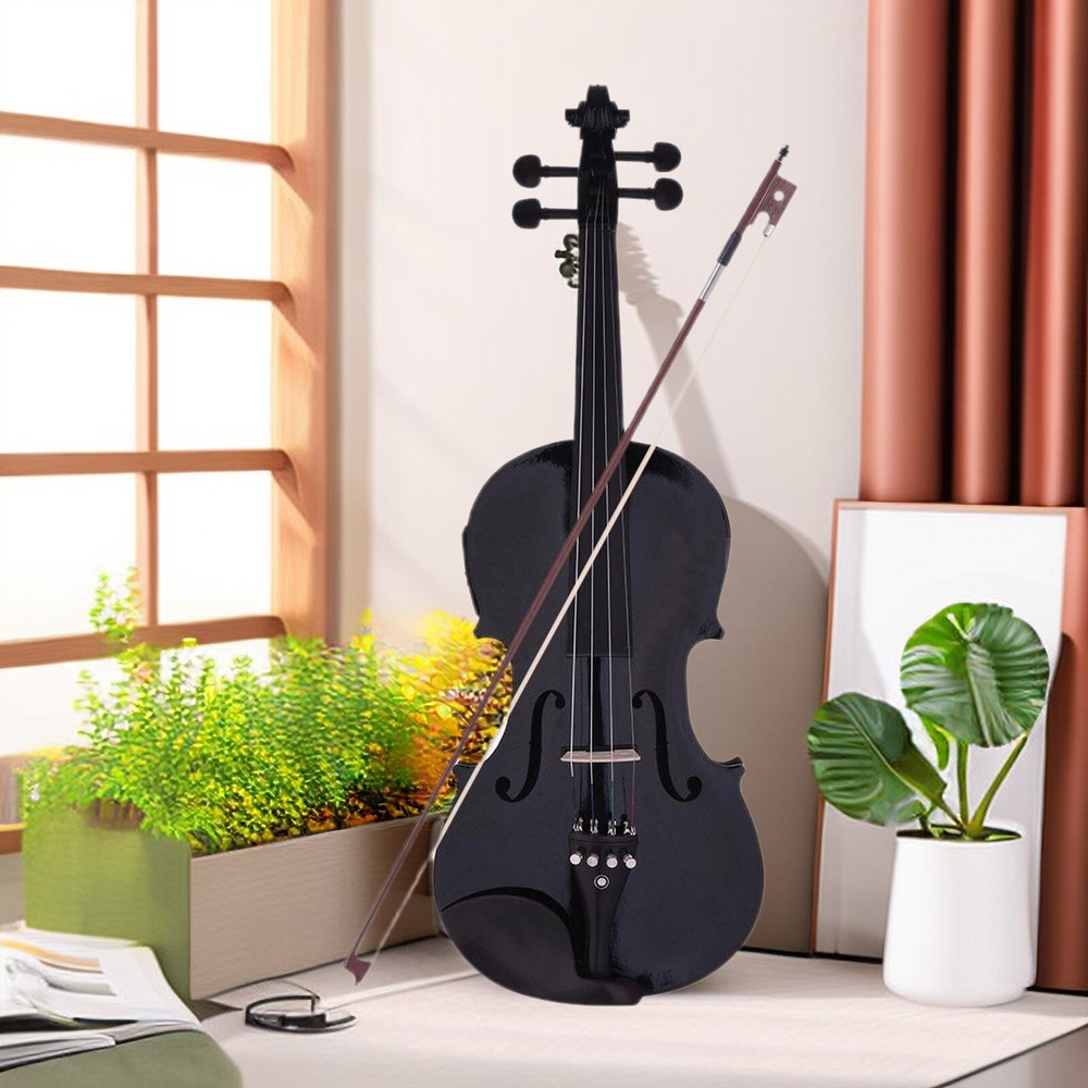 Black 4/4 Full Size Solid Wood Violin Set w/ EQ, Shoulder Rest, Electronic Tuner