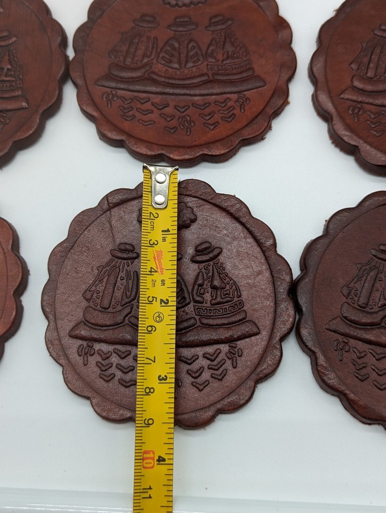 Peruvian Peru Drink Coaster & Holder Leather Tooled Set Of 6 Coasters