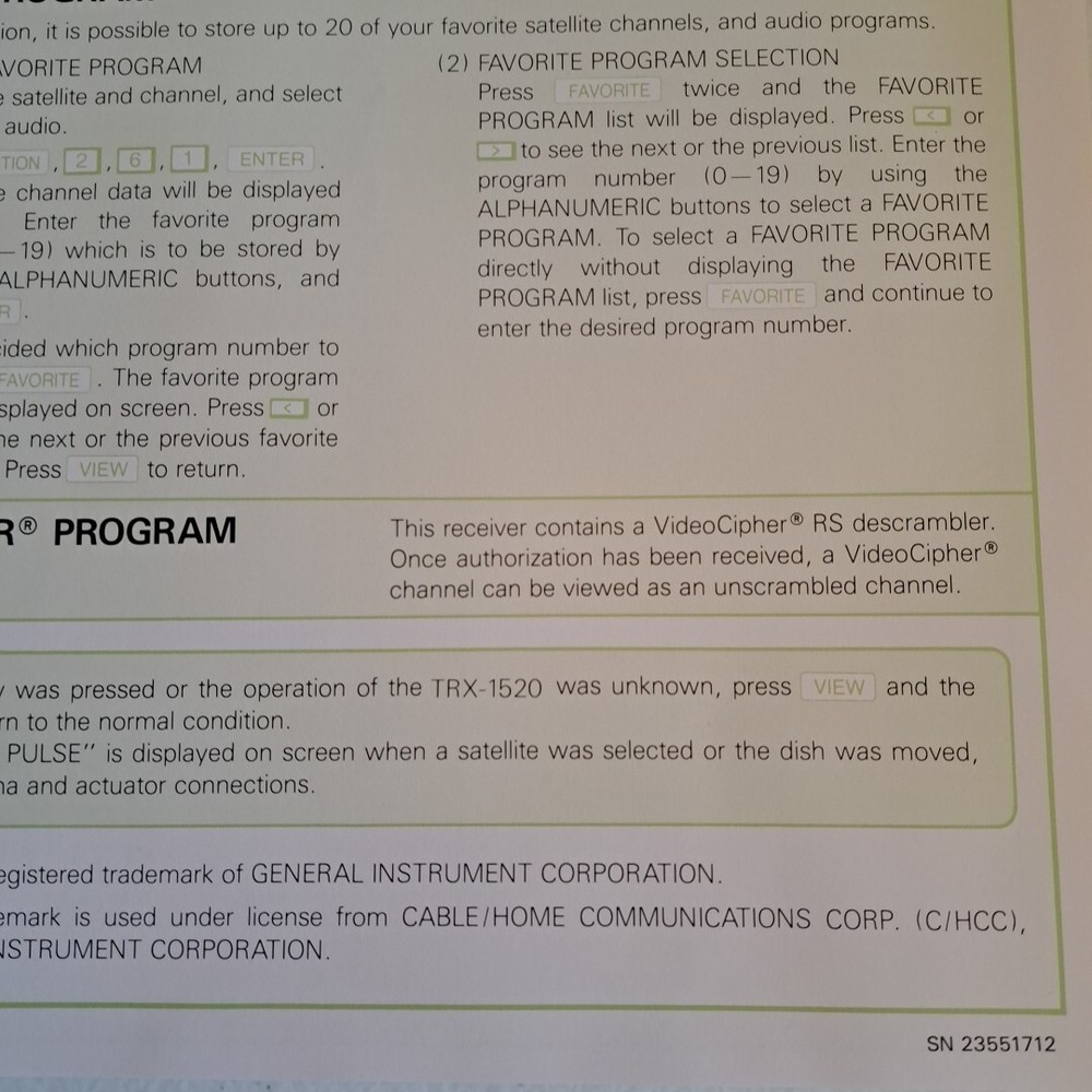 TOSHIBA Owners Manual & Quick Reference Guide Only TRX-1520 Satellite Receiver