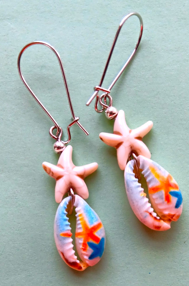 STARFISH Painted COWRIE SHELL dangle earring kidney wire handcrafted #ACTA