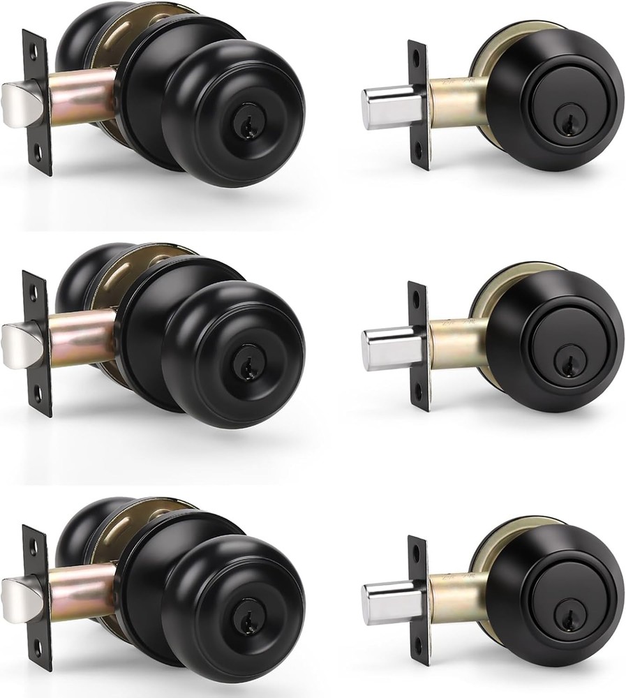 KNOBWELL 3 Pack Keyed Alike Entry Door Knobs and Single 3 Pack, Black