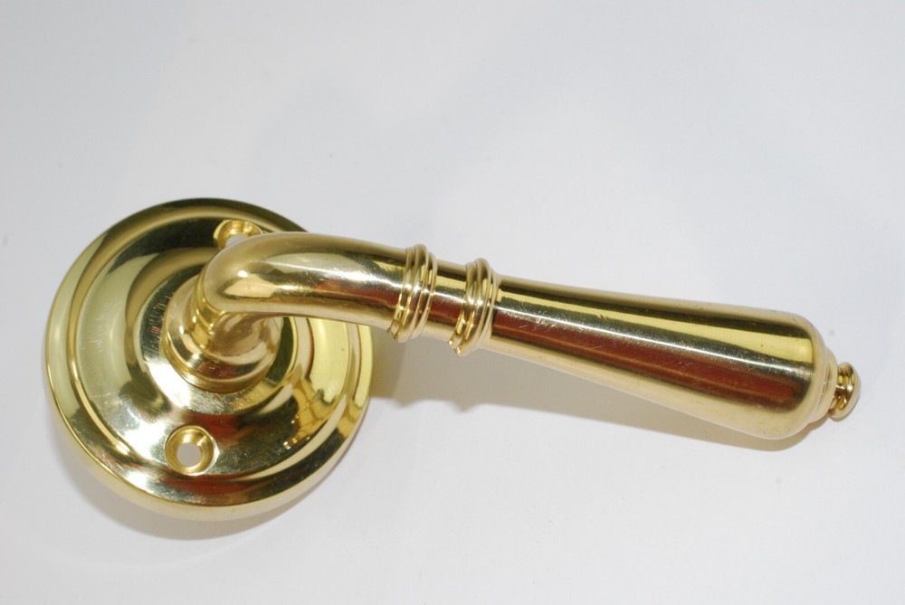 Solid Brass Door Handle Pull Radial Rosette Polished Brass Omnia Industries NOS