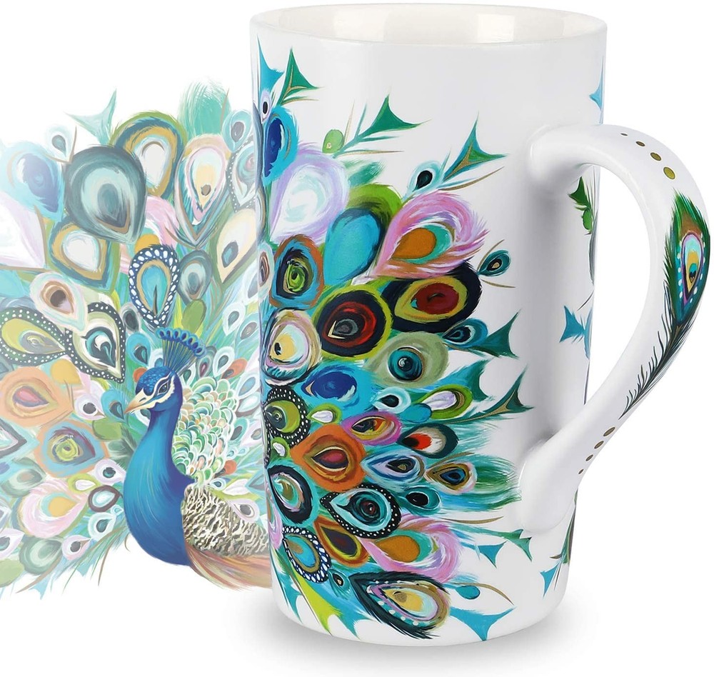 Peacock Ceramic Mug 18oz Large Coffee Cup with Handle Personalized Baking Pat...