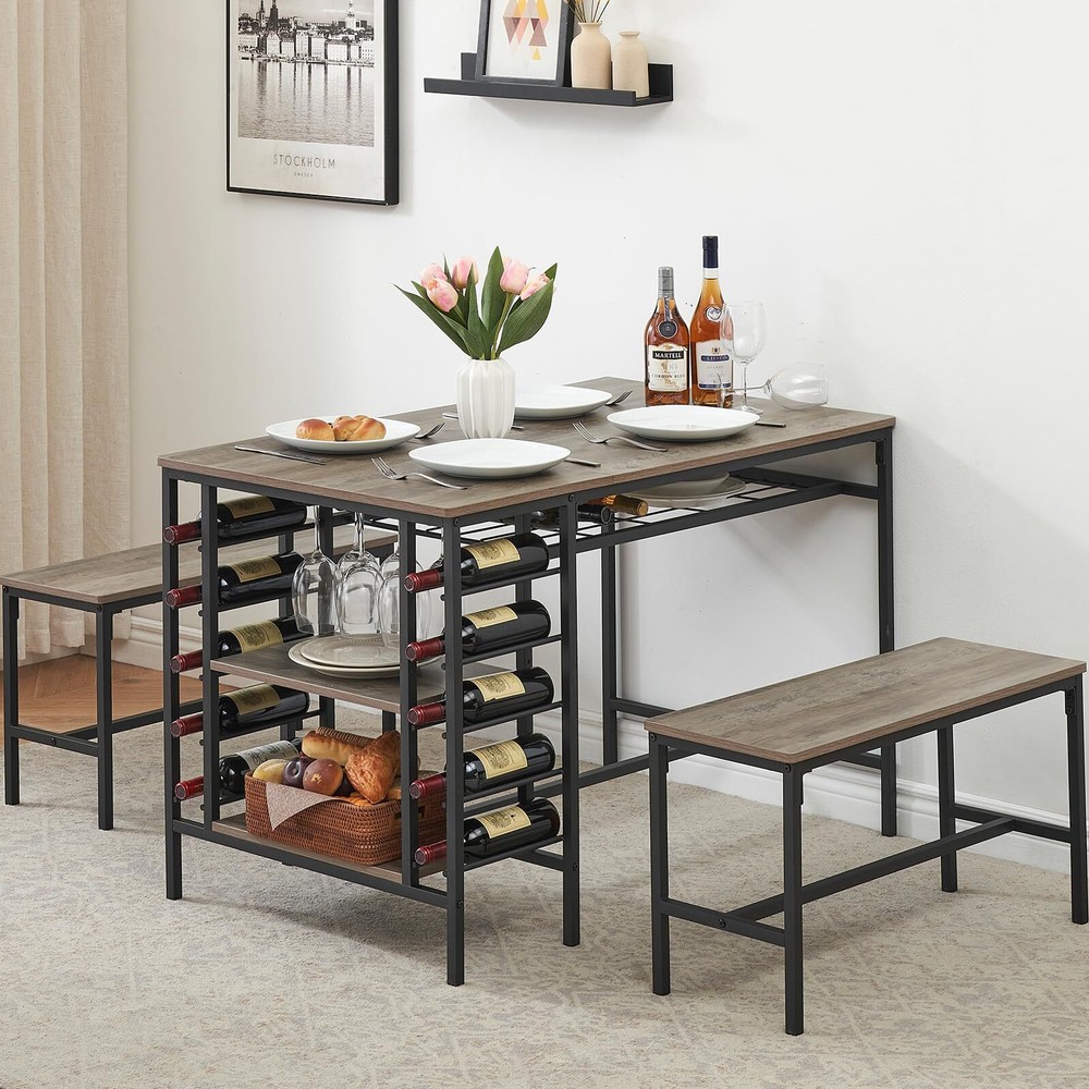 Dining Table Set for 4 Kitchen Rectangular Table & 2 Benches, Wine Rack Dinette