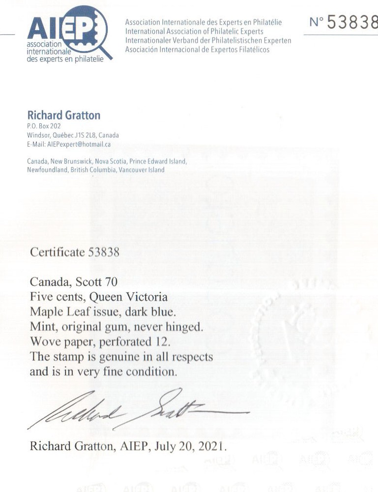 Canada #70 Very Fine Never Hinged **With Certificate**
