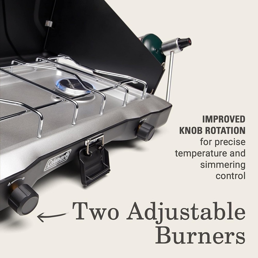 Efficient 2-Burner Propane Stove for Camping: Wind Guards & Grill Plate Included