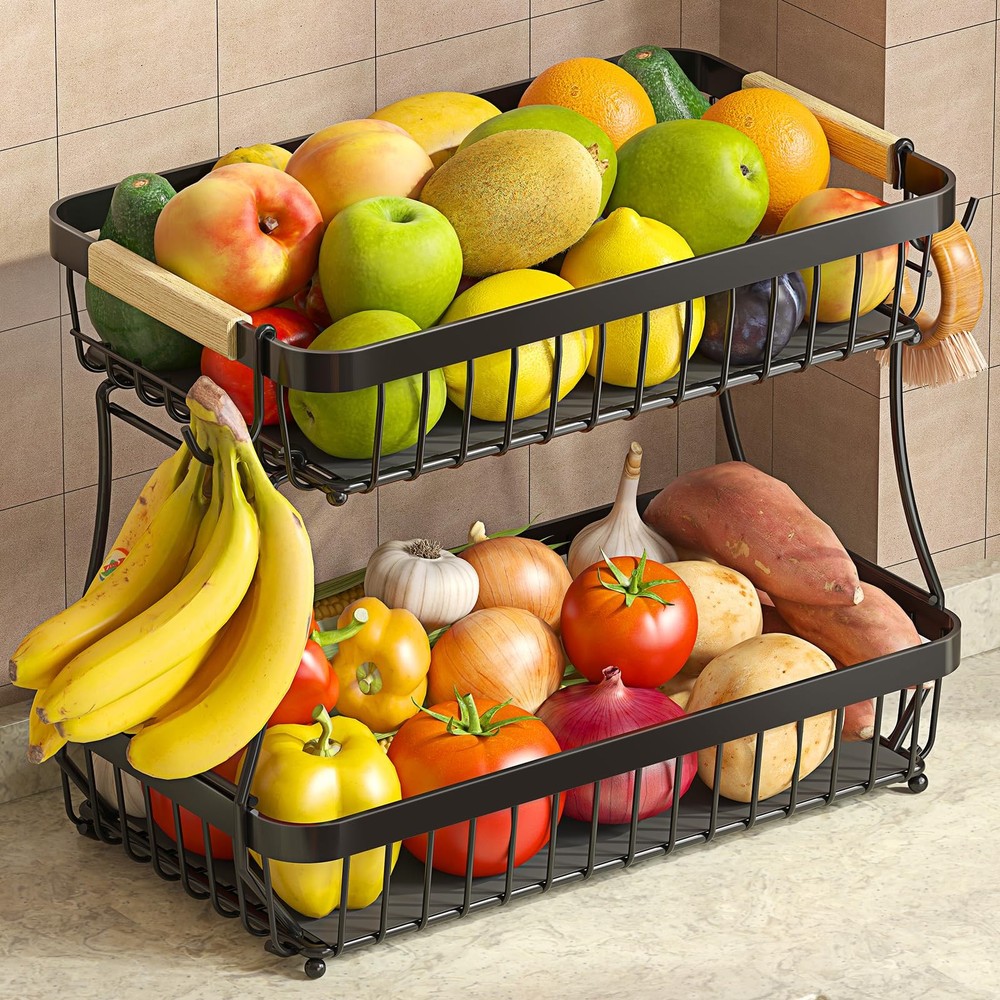 2 Tier Large Fruit Basket for Kitchen Counter with 2 Mobile Banana Hangers, 2...