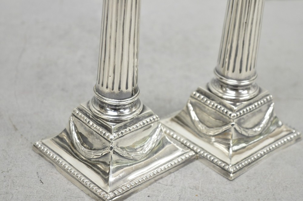 Vintage English Regency Silver Plated Classical Column Small Candlesticks - Pair