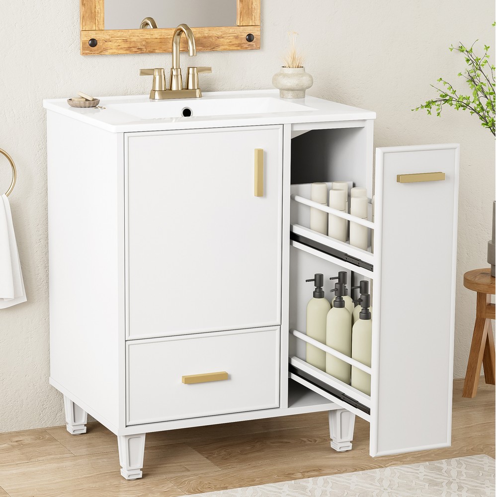 24" Bathroom Vanity w/Ceramic Sink And Storage Cabinet Drawers Solid Wood Frame