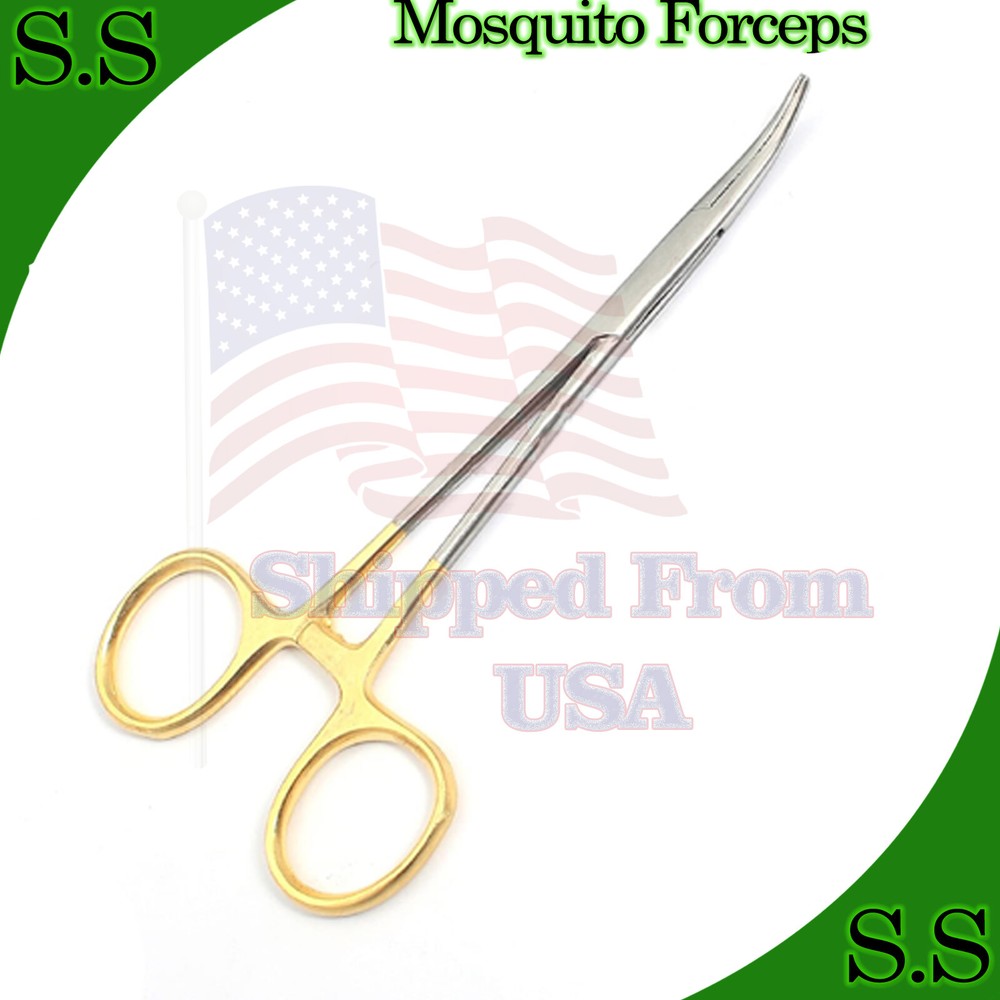 Mosquito Hemostat Locking Surgical Forceps 5" Curved With Gold Handle