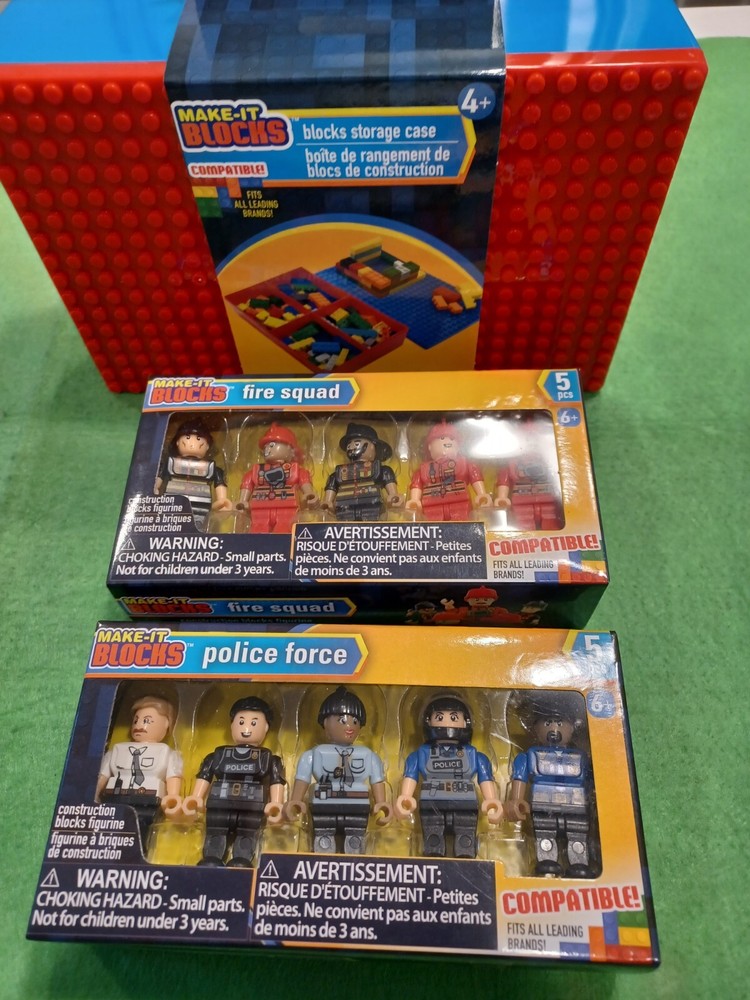 Make It Blocks Police Force + Fire Squad Mini Figures + empty Storage Case