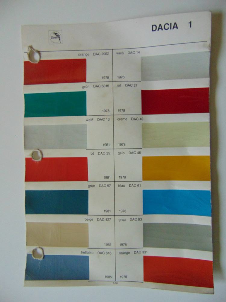 Original Glasurit Dacia Paint Chips Sheet - 1978-1985