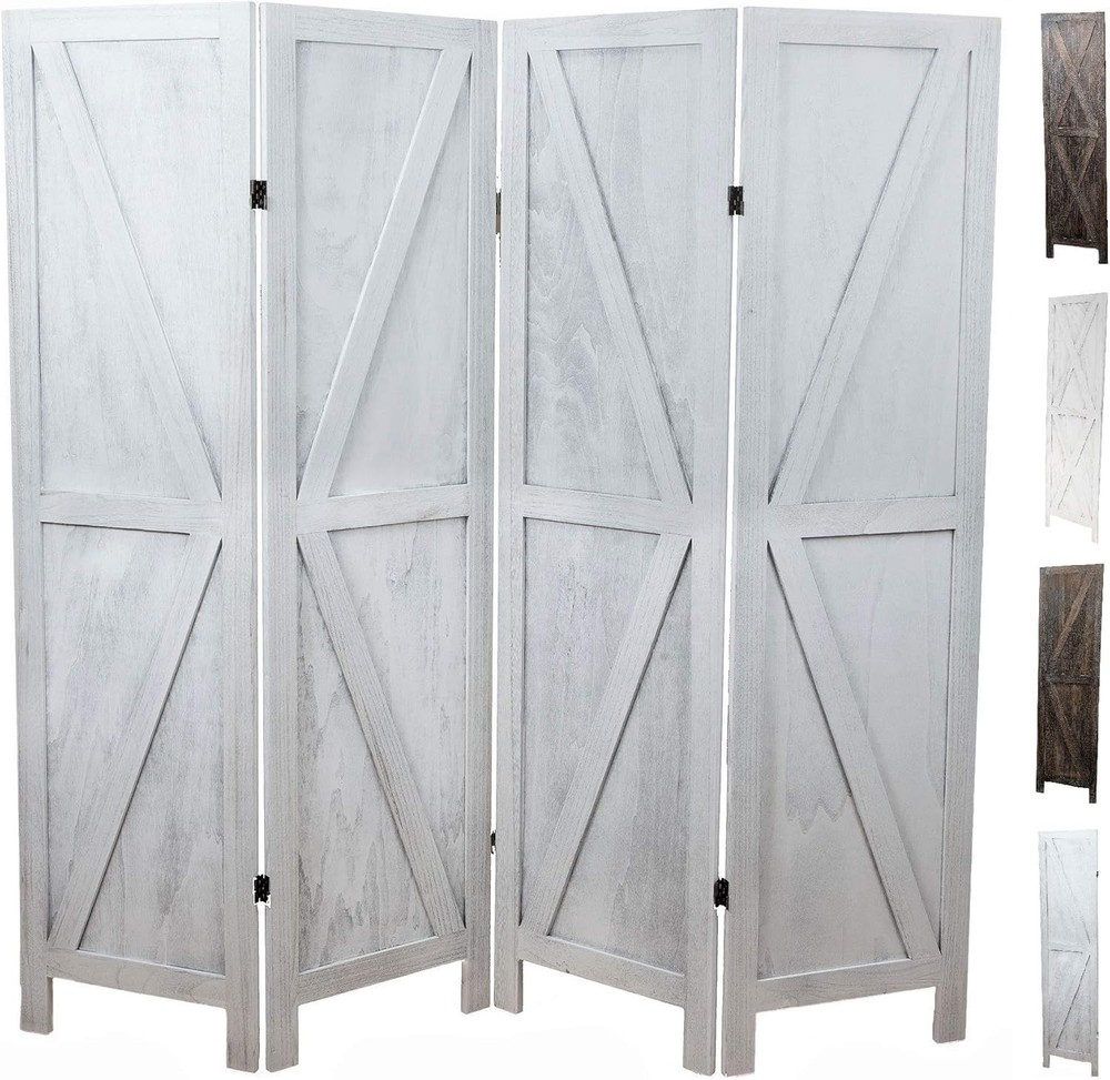Rustic White 4-Panel Room Divider - Easy to Move Folding Privacy Screen