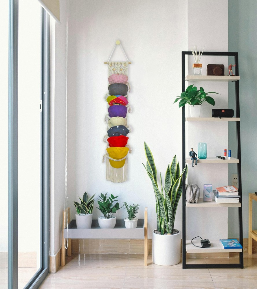 8-Tier Macrame Baseball Cap Organizer With Boho Hooks—Handwoven Boho Cap Hold...