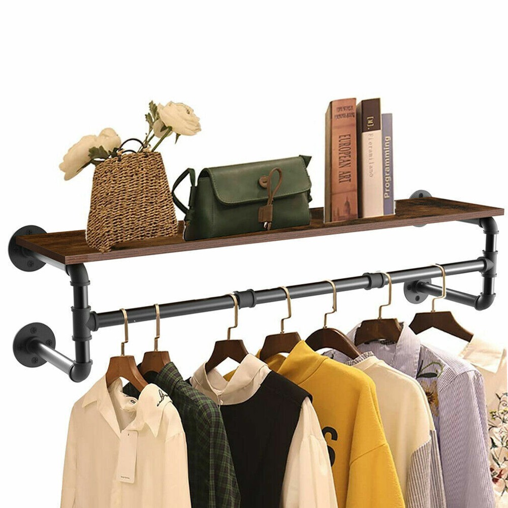 Heavy Duty Clothing Rack Wall Mounted with Wood Shelf Solid Floating Shelves