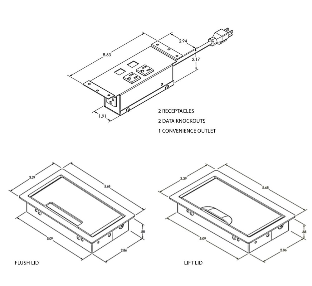 Dekko Villa silver 2 power + 2 data + 3 under surface power module