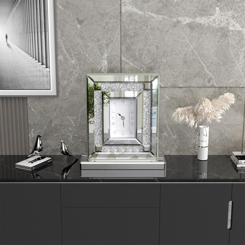 Crystal Crush Diamond Mirrored Square Clock Decorative Silver Table Quartz Clock