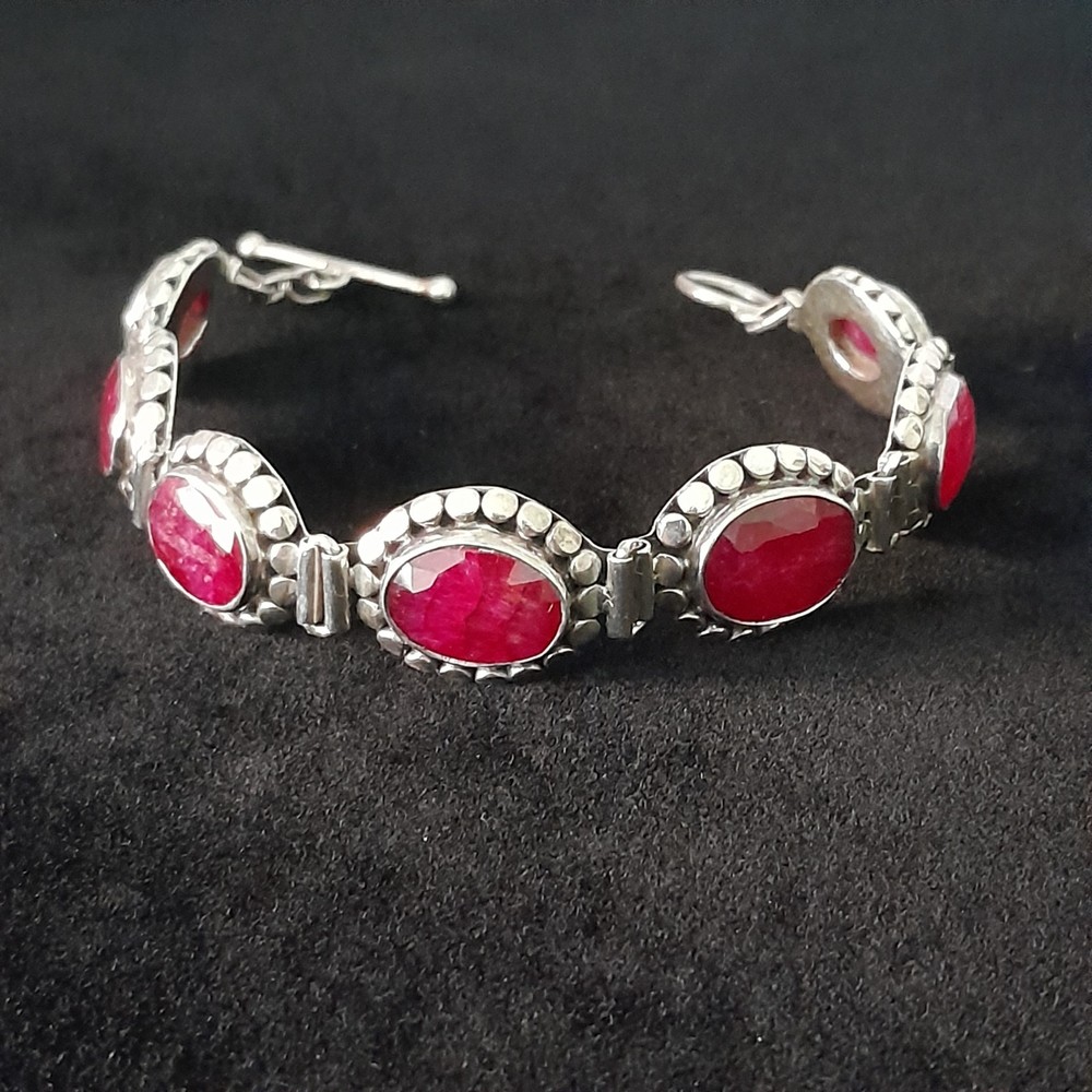 925 Sterling Silver Red Ruby Oval Faceted Panel Link Bracelet Toggle
