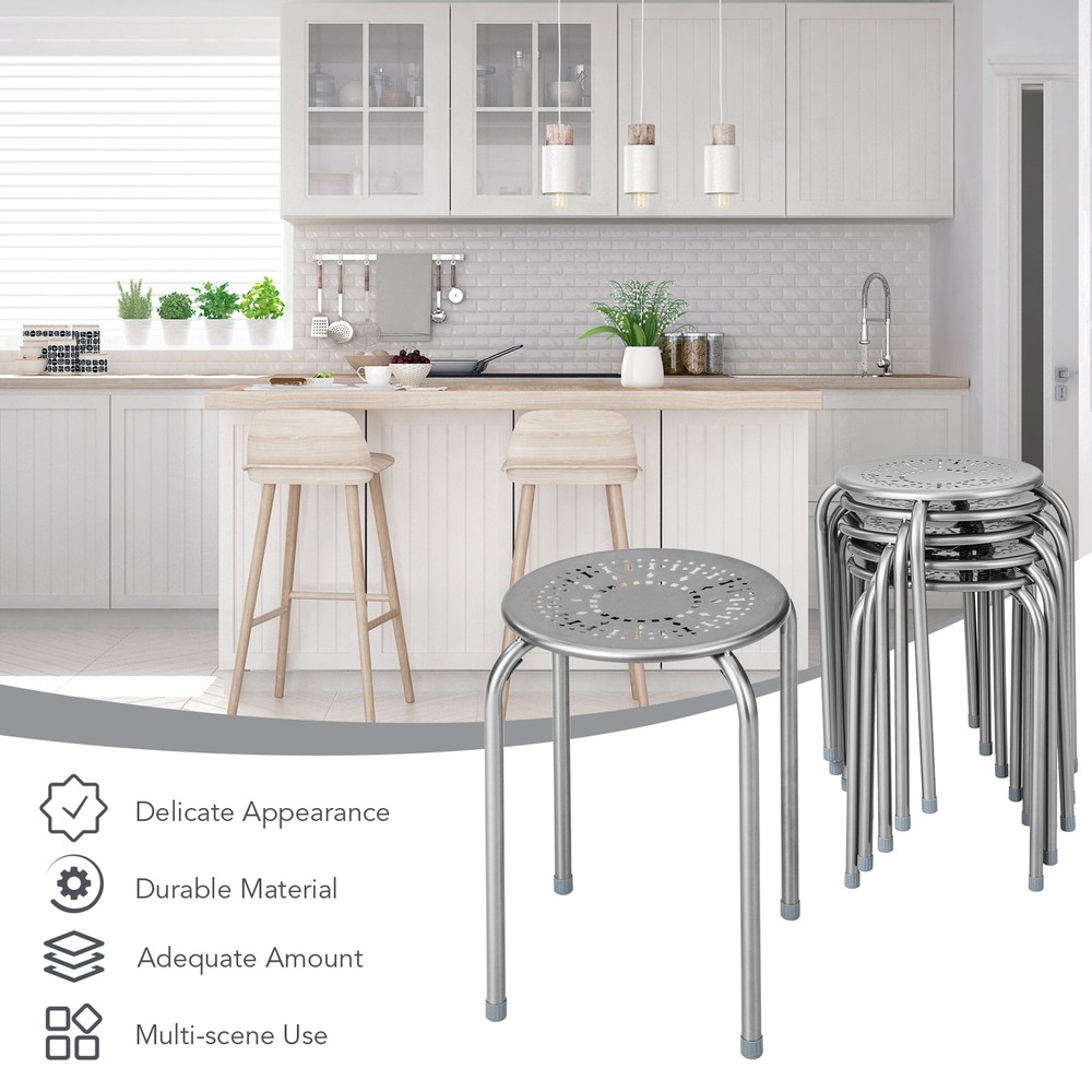 6PCS Stackable Metal Stool Set Daisy Backless Round Top Kitchen Grey