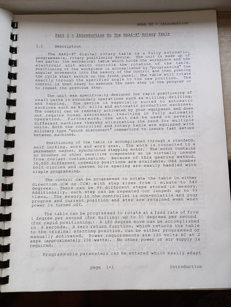 Haas Automation 8RT Programmable Rotary Table manual- excellent condition