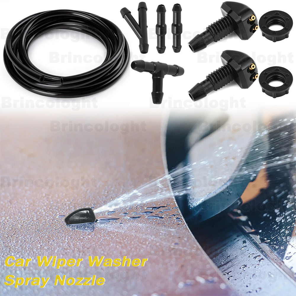 2Pcs Car Windshield Wiper Washer Water Spray Jet Nozzle + 9.8Ft Hose + Connector