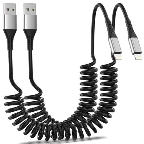 Coiled Lightning Cable for Car, 2Pack Retractable iPhone Charger 3FT Coiled